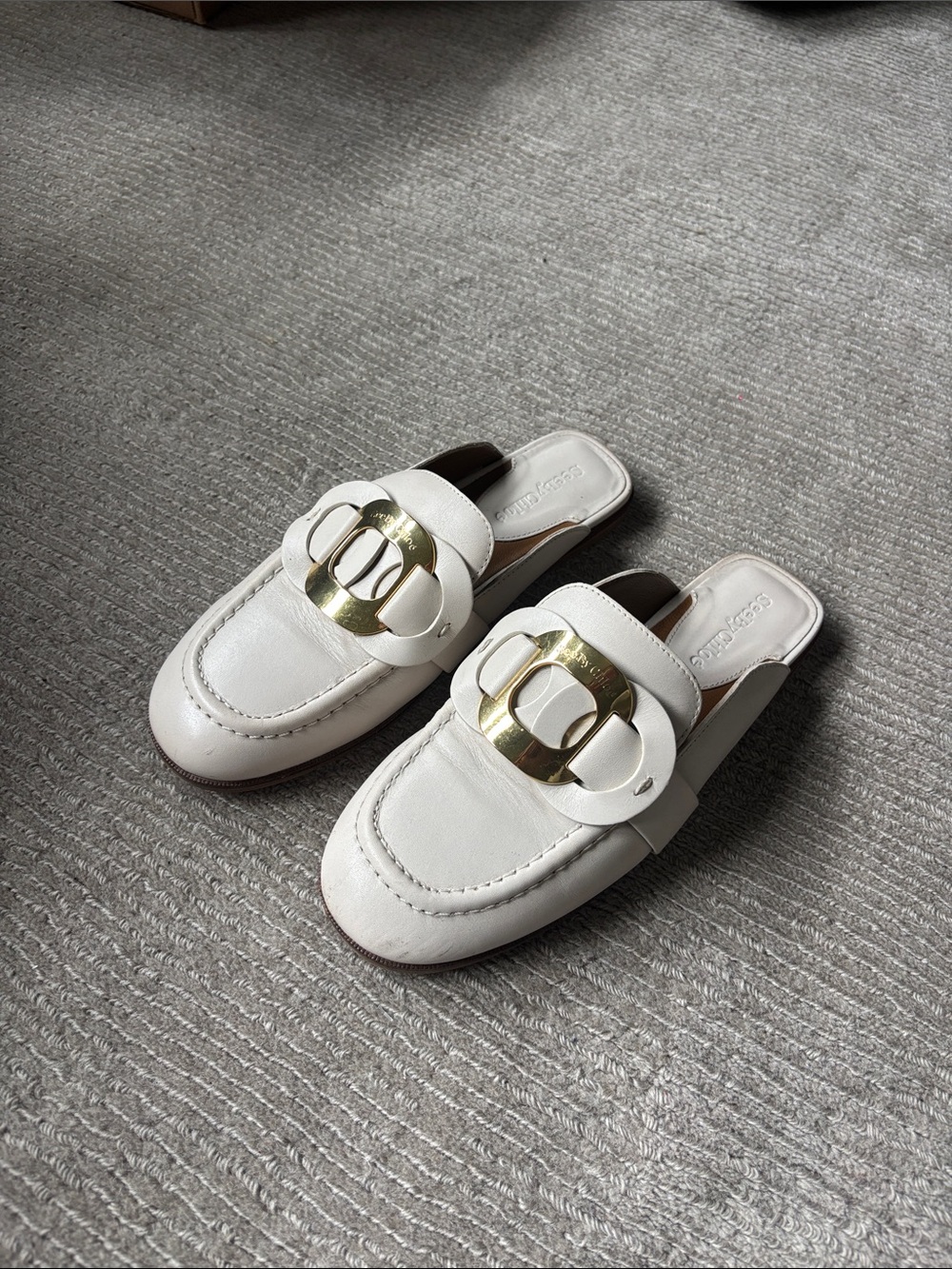 See By Chloé White Leather Slip-On Mules with Gold Hardware